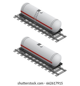 Railway Tank For Fuel Isometric View Railroad Logistic Transportation Gas Or Petroleum Products. Illustration