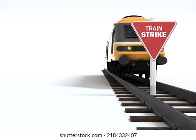 Railway Tracks With Train Strike Sign, Transport Disruption Concept On A White Background. 3D Illustration