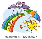 rain cloud, sun with umbrella and rainbow - raster version of vector file
