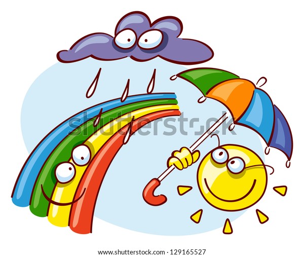 Rain Cloud Sun Umbrella Rainbow Raster Stock Illustration 129165527 ...