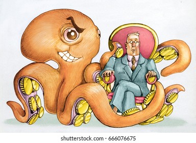 A rain with coins in the tentacles wraps an attentive politician sitting on his armchair concept of corruption political illustration