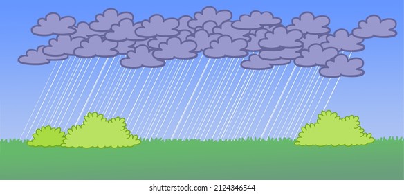 Rain with dark rain clouds on sky over meadow as weather concept