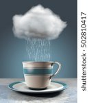 Rain drops fall from a cloud into a porcelain cup. 3D illustration.