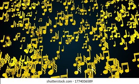 Rain of golden musical notes, computer generated. 3D rendering melodic backdrop