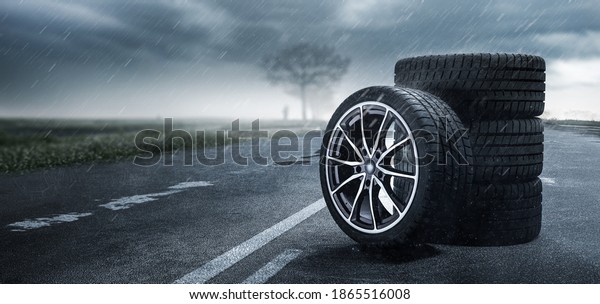 rain tires on wet road\
3d rendering\
\
