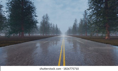 Rain Wet Empty Road Nature Scenery 3d Rendering