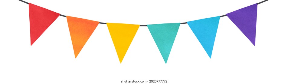 Rainbow Banner Bunting With Multicolor Pennant Flags For Colorful Design, Birthday Party Decoration, Cute Invitation, Greeting Card. Red, Orange, Yellow, Green-blue, Blue And Purple Colors On White.