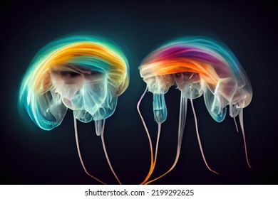 Rainbow Bioluminescent Jellyfish On Black Background