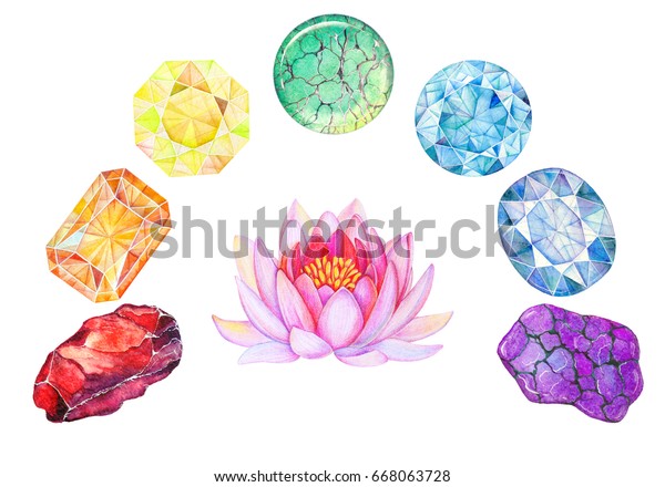 白い背景に虹のチャクラ石 瞑想用セット ピンクのハスの花と癒しの結晶の手描きの水彩イラスト のイラスト素材