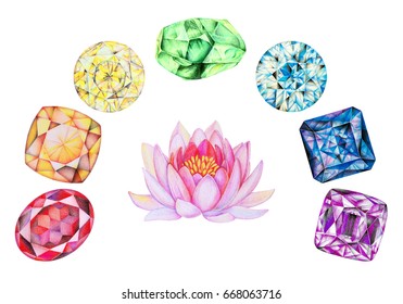 Rainbow Chakra Stones set with pink lotus flower isolated on white background. Hand painted illustration of faceted gems and Healing Crystals drawn with colored pencils