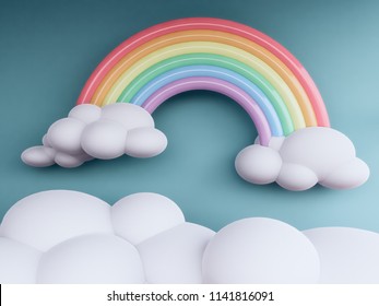 Rainbow With Clouds  Pastel Background , 3d Render