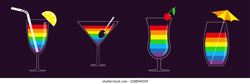 Rainbow Cocktail Glass Set Line. Martini. Olive Stick. Lemon, Umbrella, Straw, Cherry. Drink Gay Party. LGBT Sign Symbol. Menu Template. Flat Design. Dark Background. Isolated. 