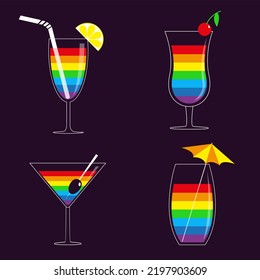 Rainbow Cocktail Glass Set. Martini. Olive Stick. Lemon, Umbrella, Straw, Cherry. Drink Gay Party. LGBT Sign Symbol. Menu Template. Flat Design. Dark Background. Isolated. 