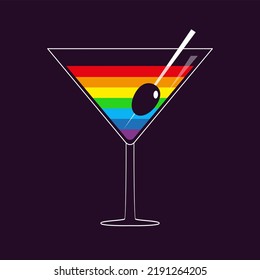 Rainbow Cocktail. Martini Glass. Olive Stick. Drink Gay Party. LGBT Sign Symbol. Menu Template. Flat Design. Dark Background. Isolated.