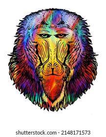 A rainbow colored African Baboon head and face drawing.
