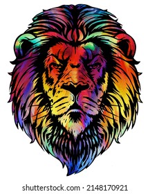 A rainbow colored African Lion head and face drawing.
