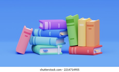 Rainbow Colored Books On Blue Background. 3D Render