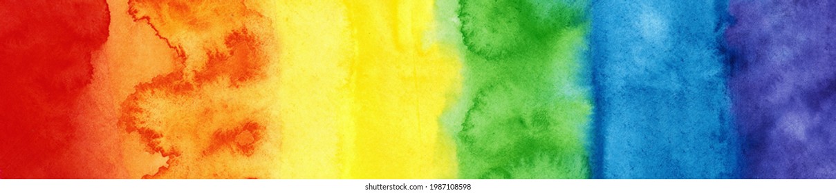 Rainbow colored LGBT pride flag. Symbol of sexual minorities and tolerance. LGBTQ, LGBT+ community concept. Watercolor painted background with copy space for design. Web banner. Wide. Website header.
