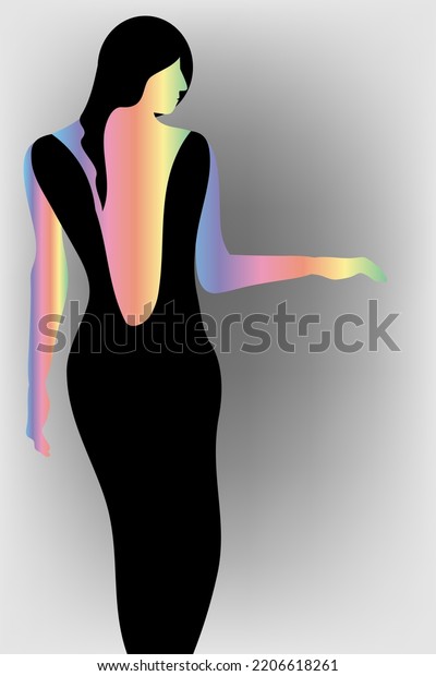Rainbow colors enhance the beauty of a woman\
posing in a backless black\
dress.