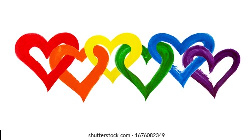 Rainbow colors intertwined hearts on white background isolated close up, overlapping heart LGBT flag color, hand drawn watercolor LGBTQ symbol, lesbian, gay etc love sign, art border, design element