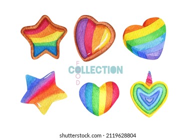 Rainbow Cookies And Candies. Watercolor Sweet Hearts, Stars. Colorful Pastry Illustration 