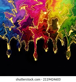 Rainbow Copy Space Marble Abstract Watercolor Bacground Glitter Dust Ink, Fluid Pattern, Liquid Gold Flow Drop