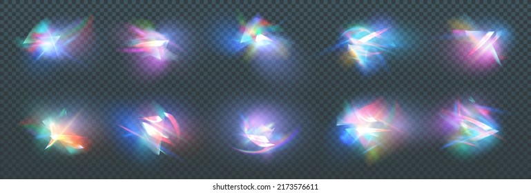 Rainbow Crystal Light Leak Flare Reflection Effect. Illustration Set. Colorful Optical Rainbow Lights Beam Lens Flare Leak Overlay Streaks On Transparent Dark Background