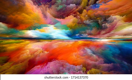 Regenbogenerleuchtung. Escape to Reality Serie. Abstrakte Anordnung surrealer Sonnenuntergangsfarben und -texturen zum Thema Landschaftsmalerei, Fantasie, Kreativität und Kunst