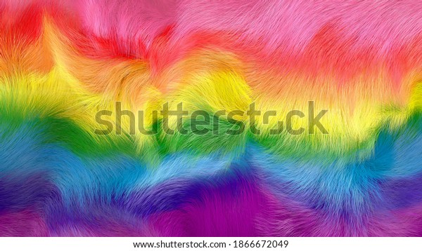 Rainbow wallpaper mural faux fur background, 3D illustration, waving soft texture, rainbow stripes.