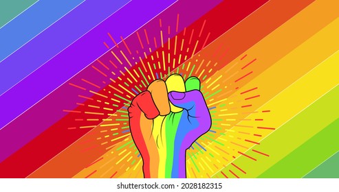 Rainbow Fist Over Rainbow Stripes Background. Lgbtq Pride And Equality Celebration Concept Digitally Generated .