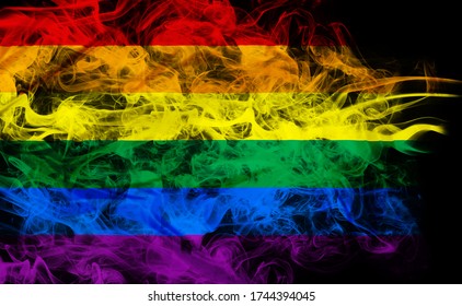 Rainbow Flag In Smoke Shape On Black Background. Concept Of Conflict And LGBT Rights. LGBT Community Metaphor. Tension And Crisis For Civil Right And Gay Pride. 3D Illustration.