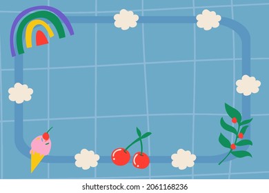 Rainbow Frame Background, Blue Aesthetic Grid Pattern With Cute Doodle
