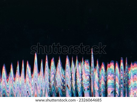 Rainbow glitch. Interference noise. Overlay background. Black surface free space with glowing colorful light blurred zigzag ornament pattern.