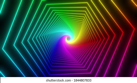 Rainbow Glow Hexagon Tunnel Loop. Seamless 4K Animation. Abstract Motion Screen Background With Animated Loop Box. Glowing Neon Frames With Bright Colors On A Black Background. 3D Rendering