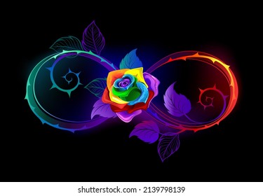 Rainbow, Glowing Infinity Symbol With Bright Thorny Stems And An Iridescent, Blooming Rose A Black Background.  Rainbow Rose.