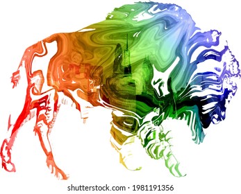 Rainbow Gradient Inside The Silhouette Of A Buffalo. Integrated Into The Gradient Is The Skyline Of Buffalo, NY. 