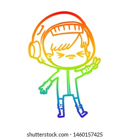 Rainbow Gradient Line Drawing Of A Angry Cartoon Space Girl Holding Up Two Fingers