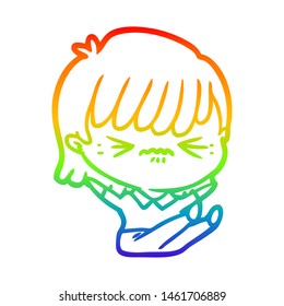 Rainbow Gradient Line Drawing Of A Annoyed Cartoon Girl Falling Over