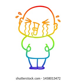 rainbow gradient line drawing of a cartoon crying bald man