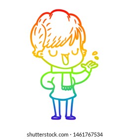 rainbow gradient line drawing of a cartoon woman talking