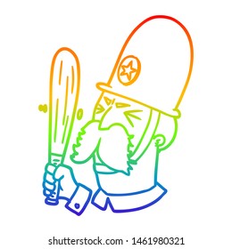 Rainbow Gradient Line Drawing Of A Cartoon Policeman Waving Baton