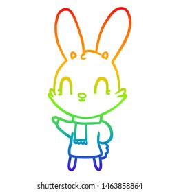 Rainbow Gradient Line Drawing Of A Cute Cartoon Rabbit Wearing Clothes