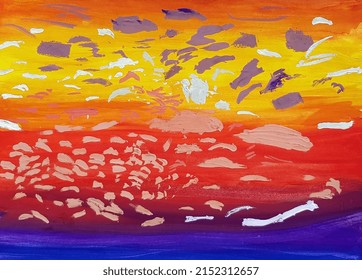 Rainbow Gradient From Yellow To Red To Purple. Sunset Sky. Warm Rich Spectrum Of Colors. Light Clouds. Hand Drawn Illustration