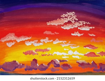 Rainbow Gradient From Yellow To Red To Purple. Sunset Sky. Warm Rich Spectrum Of Colors. Light Clouds. Hand Drawn Illustration