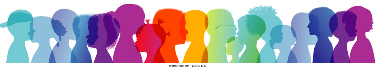 Regenbogengruppe der modernen Kinder in buntem Silhouettenprofil. Kommunikation zwischen multiethnischen Kindern. Kinder sprechen. Farbige Köpfe. Mehrfachbelichtung