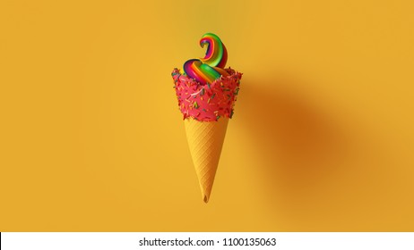 Rainbow Ice Cream with Pink Icing and Multi Colored Sprinkles 3d illustration 3d rendering