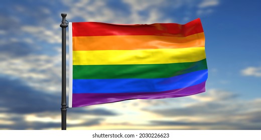 Rainbow LGBT Flag, Gay Pride Sign Symbol Waving On Pole, Blue Cloudy Sky Background, The Colors Reflect The Diversity Of The Community And The Spectrum Of Sexuality And Gender. 3d Illustration