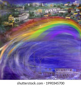 Rainbow On The Novosibirsk Akademgorodok. Oil Painting.