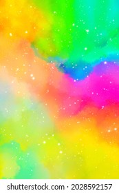 Rainbow Pastel Watercolor Abstract Background. Festive Wallpaper. Art Design. Paint Like Water Splash Brush Stroke Backdrop. Fun, Happy, Fresh, Good Vibes Theme. Cute Presentation For Girls, Women.