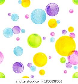 rainbow polka dot shapes watercolor seamless pattern